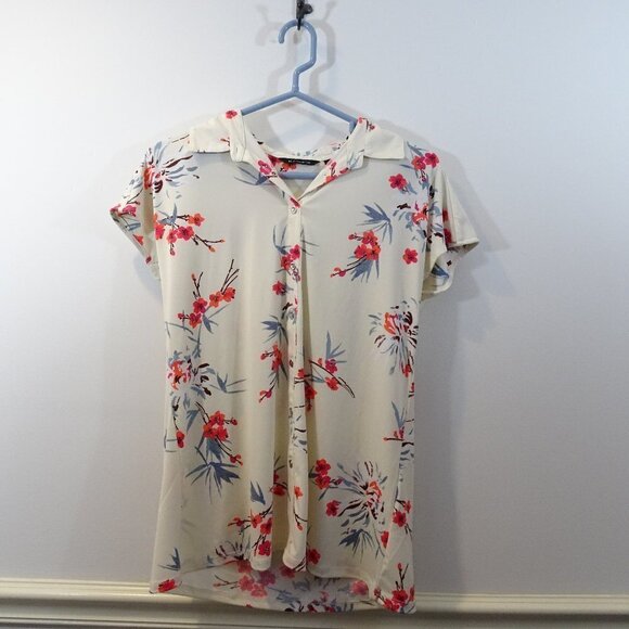 H BY HALSTON Cream Pink Floral Print Blouse Size XS Short Sleeve - Picture 1 of 6